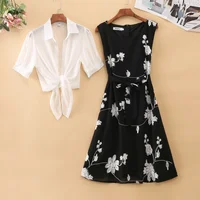 New Elegant Suit Two-piece Dress High Waist Sleeveless Slim A-line Skirt Floral Embroidery White Top Bow Belt Vintage  WOMEN - Image 4