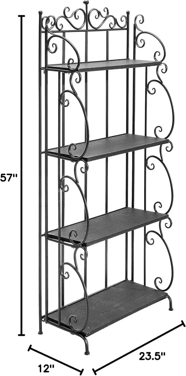 New2025-Black Metal Freestanding Shelf Rack, Decorative Bakers Rack Bookshelf Storage Shelf Unit with Metal Scrollwork Frame