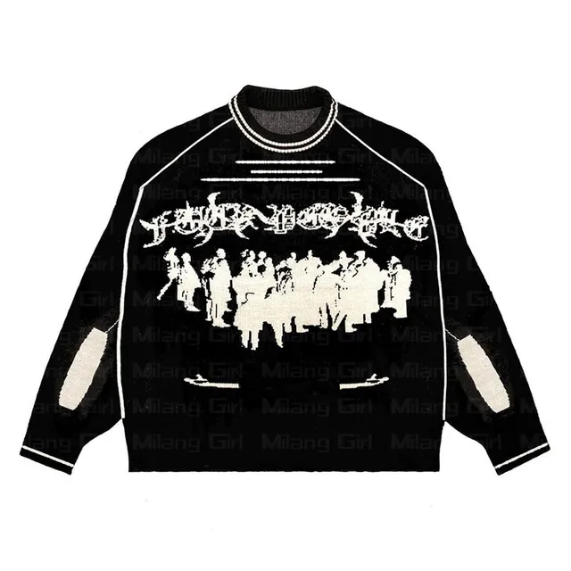 Hip Hop Streetwear Knitted Sweater Men Women Gothic Pattern Oversized Sweater Pullover Winter Harajuku Sweater - Pullovers - AliExpress