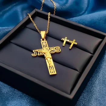 Religious Jesus Cross Necklace for Men Fashion Gold Color Cross Pendent with Chain Necklace Jewelry Gifts 1