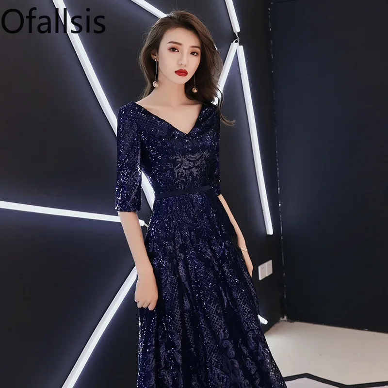 

Ofallsis Banquet V Neck Half Sleeve Evening Dress Long 2023 Autumn New Retro Middle Sleeve Blue Sequins Simple Generous Dresses