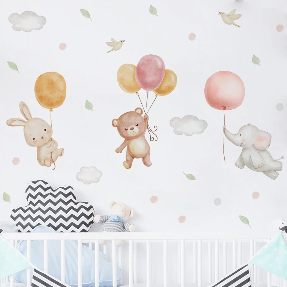 Luminous Wall Stickers Wall Stickers Vinyl Decal Stickers Watercolor Cartoon Bear Rabbit Balloons Clouds Wall Sticker for Kids Room Home Decor