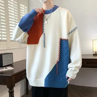 Color Block Contrast Winter Knitted Sweater for Men Loose Lazy Style Casual Design Loose Fit Crew Neck Knitwear