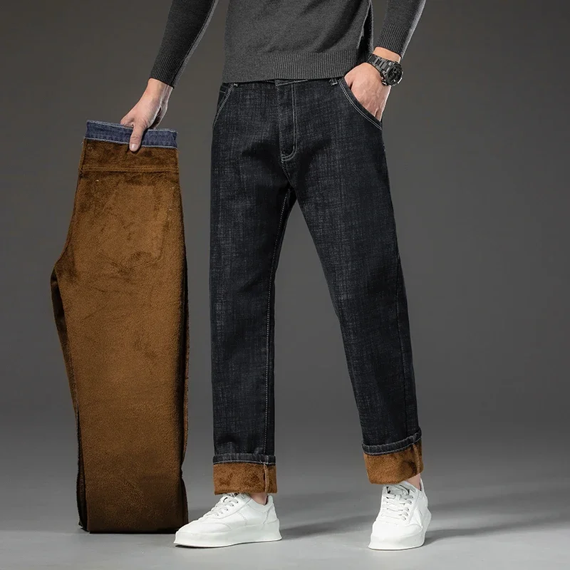 Denim Pants Denim Trousers Men's Fleece Jeans Winter New Plus Size 44 46 Thick Warm Straight Stretch Male Business Casual Work Denim Thicken Trousers
