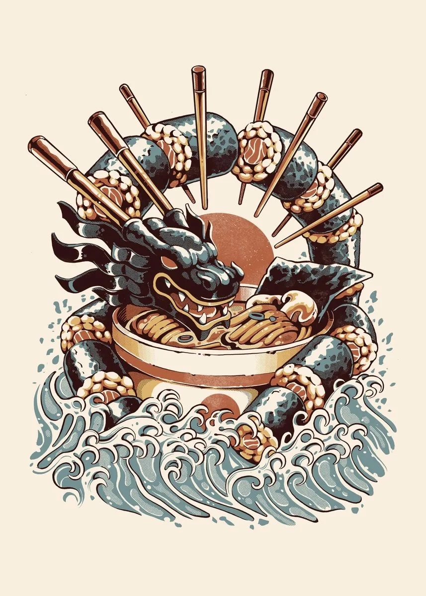 Vintage Japanese Kaijus Food Art Canvas: Sushi, Ramen, and Burgerzilla Poster