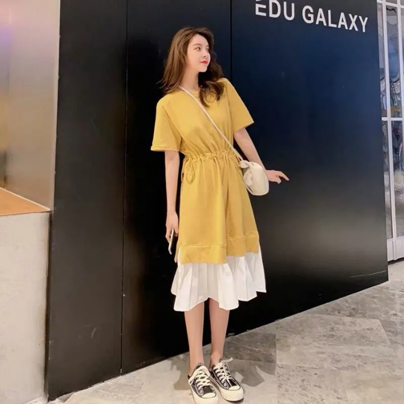 Maternity Summer Dresses Fashion Contrast Clothes For Pregnant Women Loose Fitting Mid-length Women's Casual Pregnancy Clothing