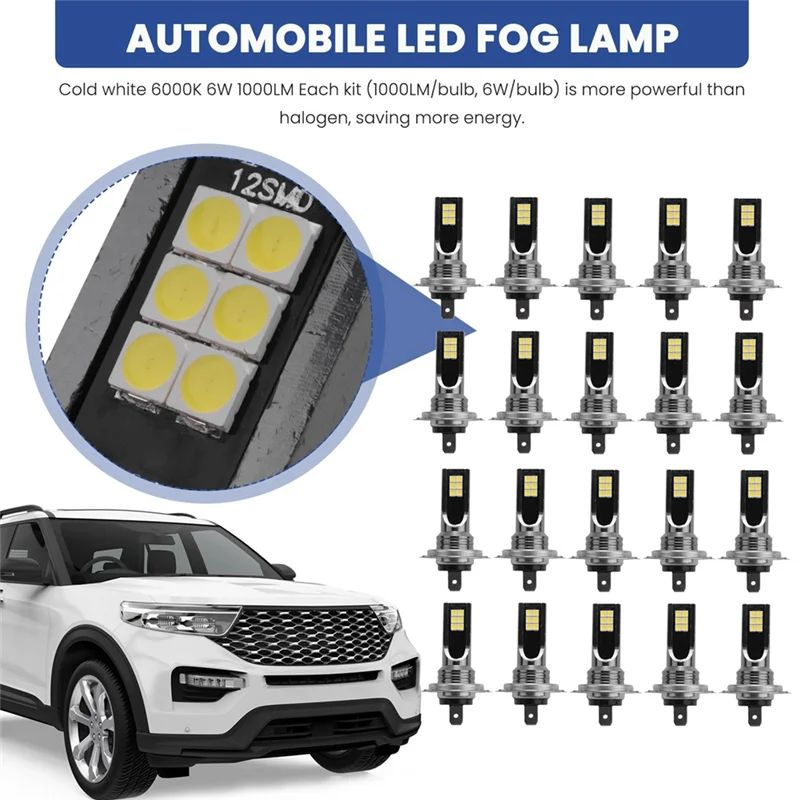 신제품 20개입 H7 12SMD LED 안개등 캔버스 전구 변환 1000LM 6000K..