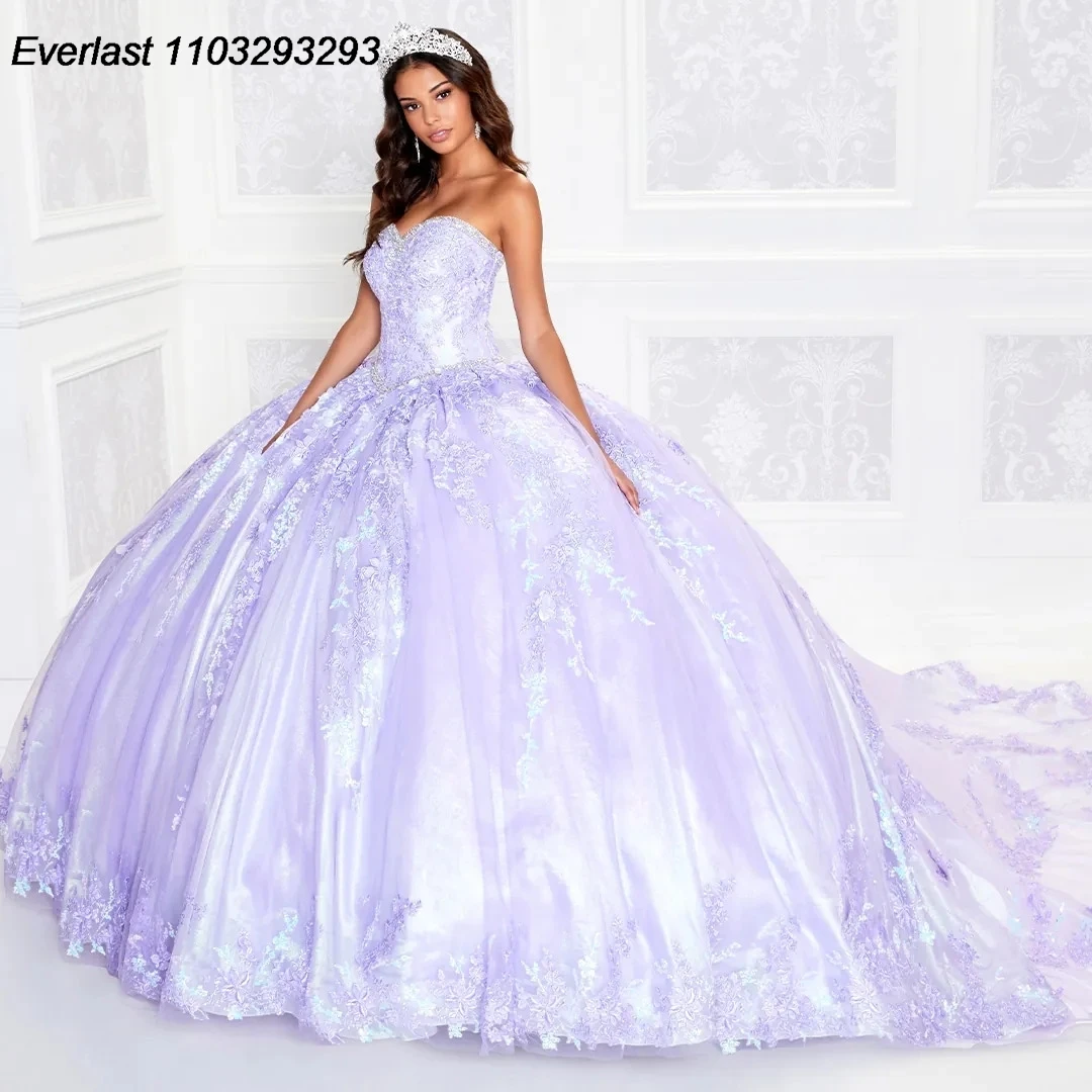 EVLAST Glitter Blue Quinceanera Dress Ball Gown Lace Applique Beading Crystals Corset Back Sweet 16 Vestido De 15 Anos TQD332