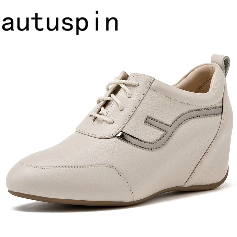 

AUTUSPIN 5cm Females Wedge Heels Fashion Genuine Leather Platform Lace-up Casual Shoes Women Office Ladies Lace Up Working Pumps