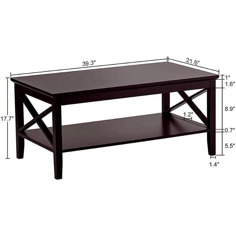 Coffee Table with Thicker Legs, Espresso Wood Coffee Table with Storage for Living Room 40 Inches 2