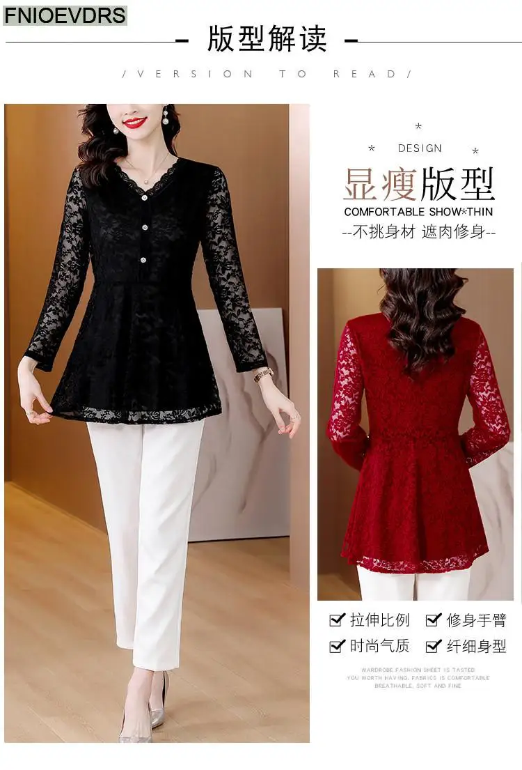M-4XL 2023 Women Hot Sales Elegant Office Lady Work Button Black Lace Shirt Casual Belly A Line Tunic Peplum Tops And Blouses