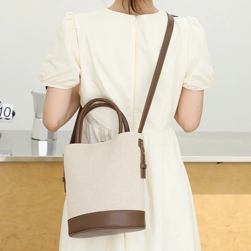 NEW Patchwork Shoulder Bag Canvas PU Leather Color Contrast Handbag Trend Simple Women's Aesthetic Casual Shopping Crossbody Bag