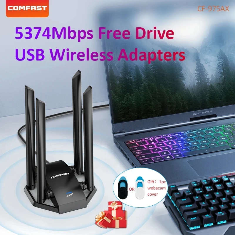 Usb Wifi Adaptador para Windows 10 e 11 pc 5374mbps Ax5400 Tri-band Gigabit Gaming Placa de Rede Antena Externa Dongle Antenas