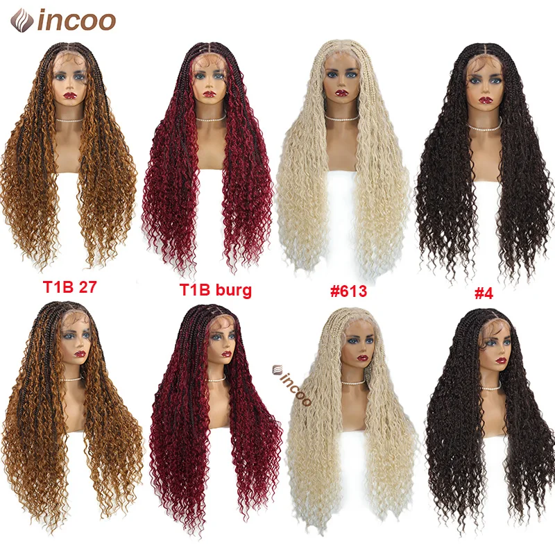 Boho Box Braid Wigs Ginger Blonde Wave Curly Synthetic Full Lace Front Wigs Pre-Plucked Baby Hair For Women 613 Box Braided Wig