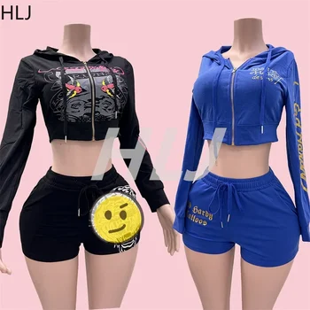 HLJ&GG Fashion Y2K Pattern Print Hooded Two Piece Sets Outfits Women Zipper Long Sleeve Crop Top And Shorts Tracksuit Streetwear 1