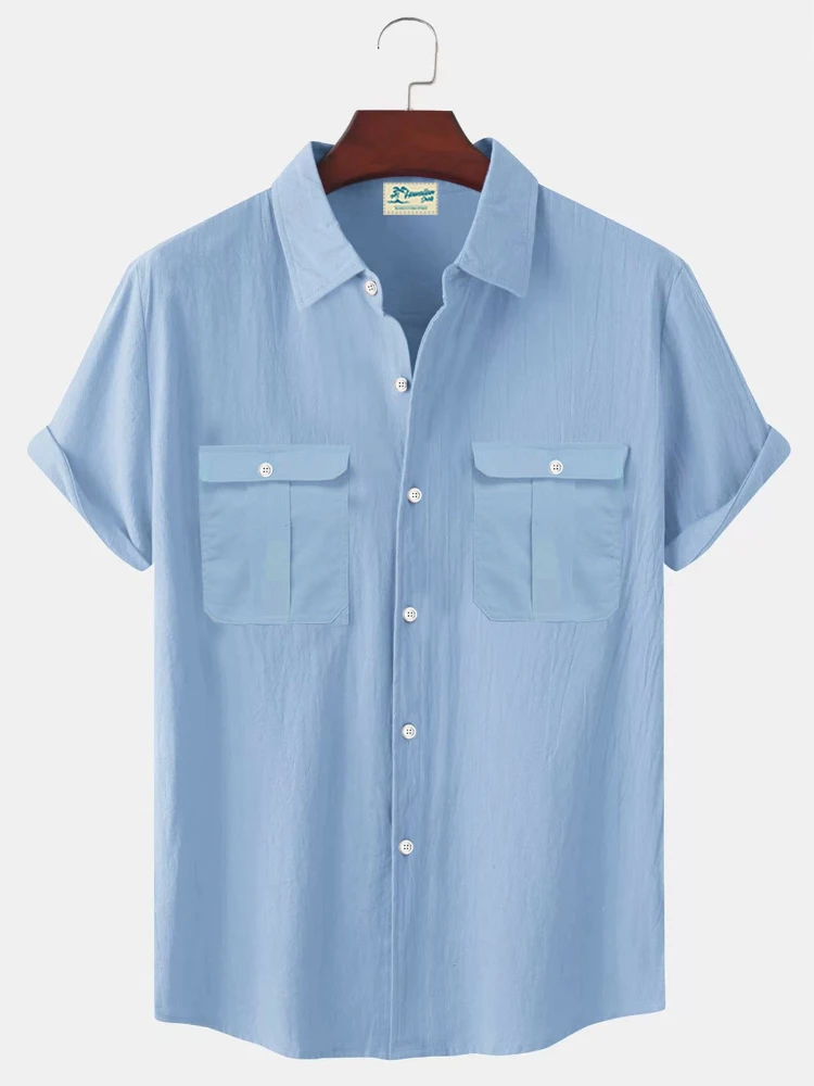

New Summer Simple Shirt Men's Clothing Solid Color Collar Hemp Cardigan Short Sleeve Loose Polo Neck Men's Shirt Streetwear