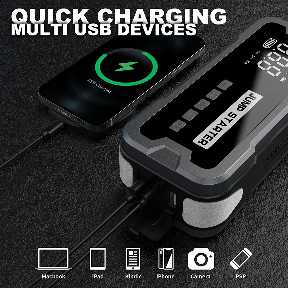 12V Car Jump Starter Air Pump 4000A Cylinder Inflatable Pump with Air Compressor Jumper Box 24000mAh Power Bank Battery Charger