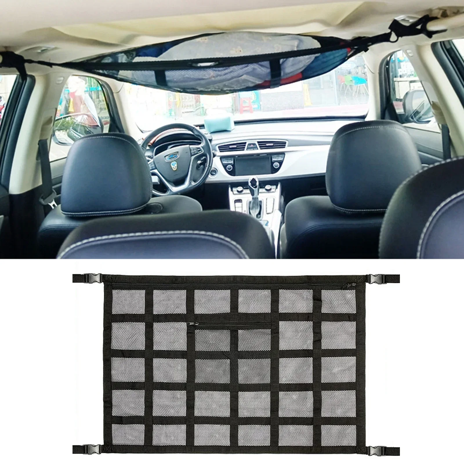 New Car Ceiling Roof Interior Cargo Zipper Adjustable Net Storage Net Bag Sundries Organizer Mesh Pocket For Van SUV Universal