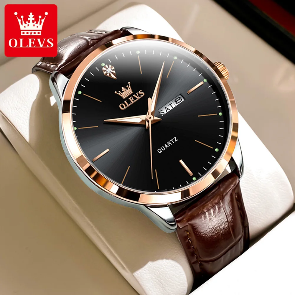 OLEVS Mens Watches Top Brand Luxury Leather Quartz Watch for Men Waterproof Luminous Week Date Business Watches Men Reloj Hombre
