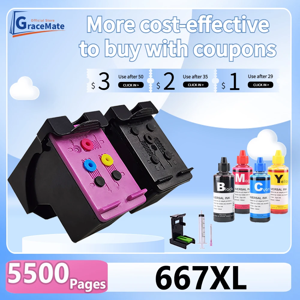 667XL recargable Ink Cartridge Compatible for HP 667 HP667 Deskjet Plus Ink Advantage 1275 2374 2375 2376 2775 2776 Printer