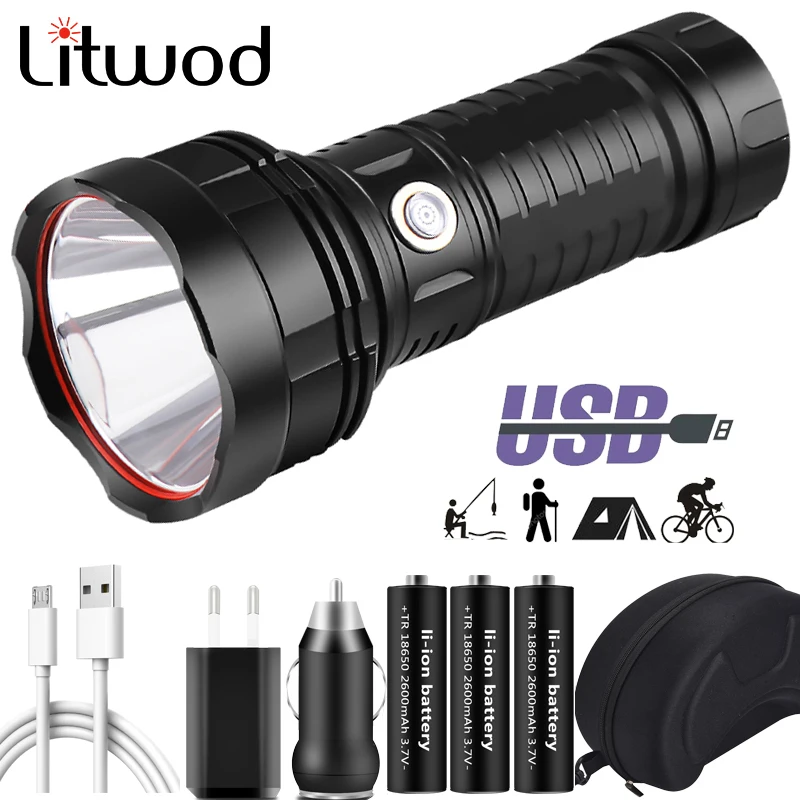 

20,000,000LM Led Torch Flashlight Zoomable Powerful White 2000m Tube Strong Light Self Defense 18650 26650 Battery Camping Lamp