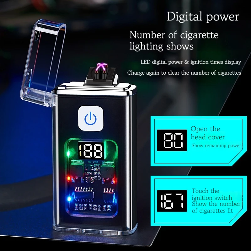 

Hot New Transparent Case Windproof Waterproof Dual Arc Lighter Power Lighter Count Display TYPE-C Rechargeable Metal Igniter Men