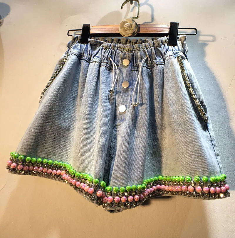 Europe Fashion 2023 New Summer Women Denim Shorts Colored Pearl Beading Diamonds All-match Elastic High Waist Wide Leg Shorts