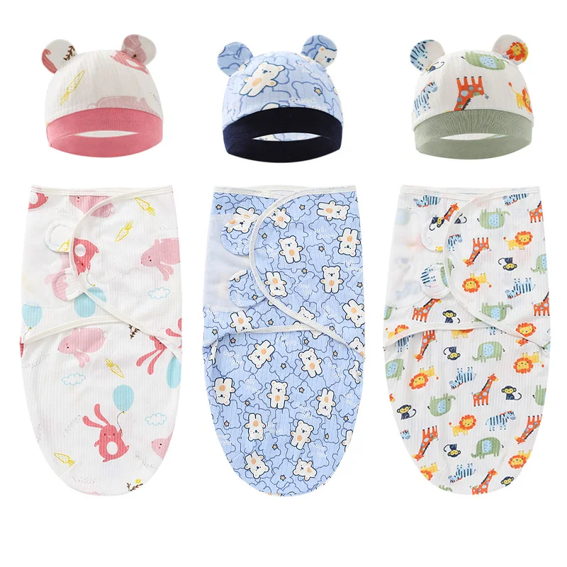 Newborn Cotton Swaddle Blanket Waddle Wrap Hat Set Baby Bedding Receiving Blankets Infant Sleeping Bag 0-6M Baby Accessories sleeping bag envelope for newborn baby soft fluffy fleece newborn receiving blanket infant clothes sleeping nursery wrap swaddle