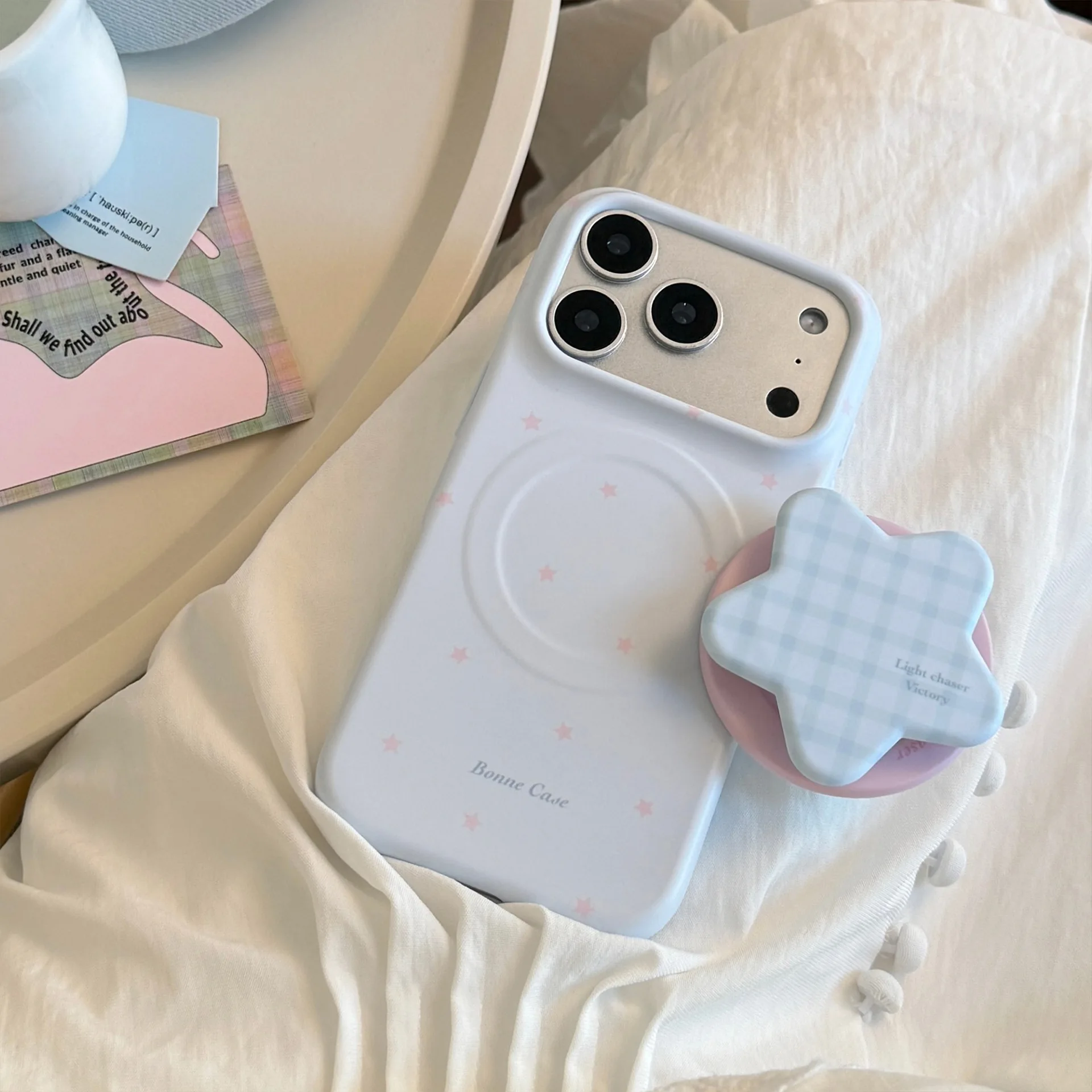Korean Blue Grid Pattern Stars Magnetic Bracket Phone Case - Shockproof Protective Soft Cover