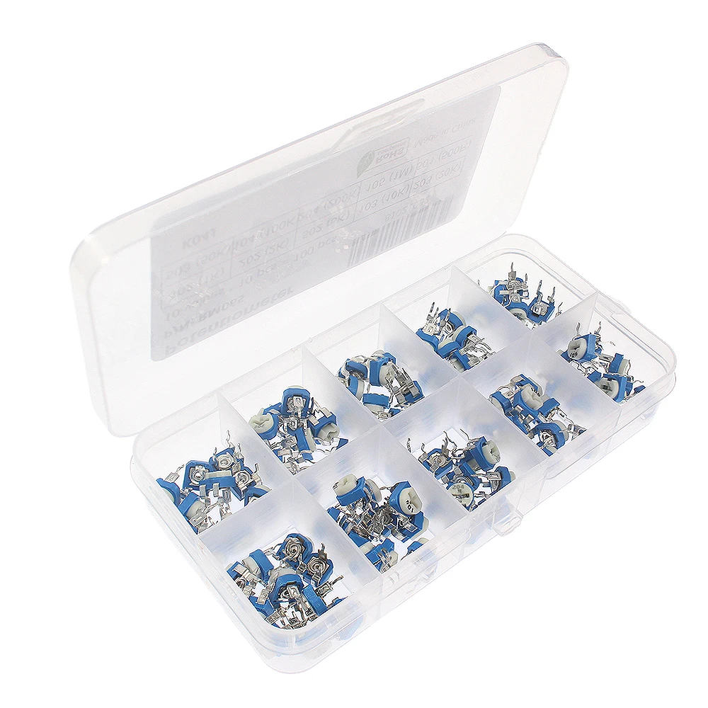 100PCS/Lot RM065 Trimming Potentiometer Kit 500R 1K 2K 5K 10K 20K 50K 100K 200K 1M Variable Resistor 10k potentiometer 100pcs set rm065 adjustable potentiometer 500r 1m trimpot potentiometer assortment kit 10 values variable resistor set