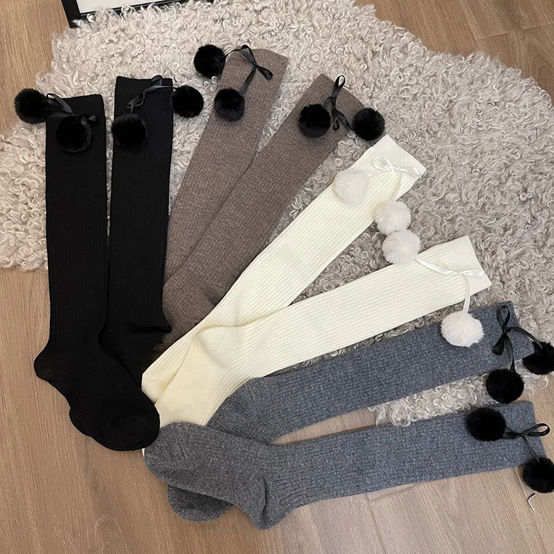 

South Korea Winter New Thickened Fleece-lined Wool Fluffy Ball Girls' Warm Slimming Over-the-knee Thigh Stockings 2024