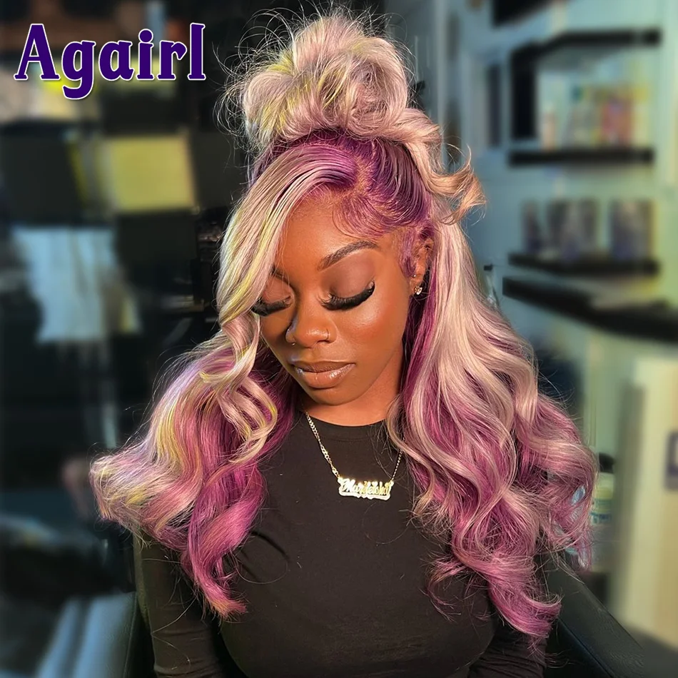 13X6 HD Full Lace Front Wig Silver Mixed Purple Highlight Body Wave Human Hair Wig 613 Honey Blonde 13x4 Lace Frontal Wig 30Inch