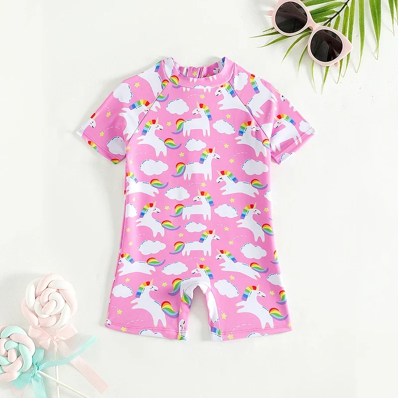 Cartoon Unicorn Baby Girl Swimsuit Short Sleeve Kids Swimwear One Piece 4-8 Years Infant Bathing Suit Girls Swimming Wear