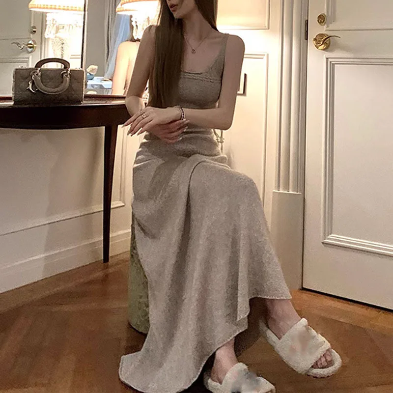 

Sunset Gentle Autumn New Dropping Knitted Strap Dress Women's Waist French Long Dress2023