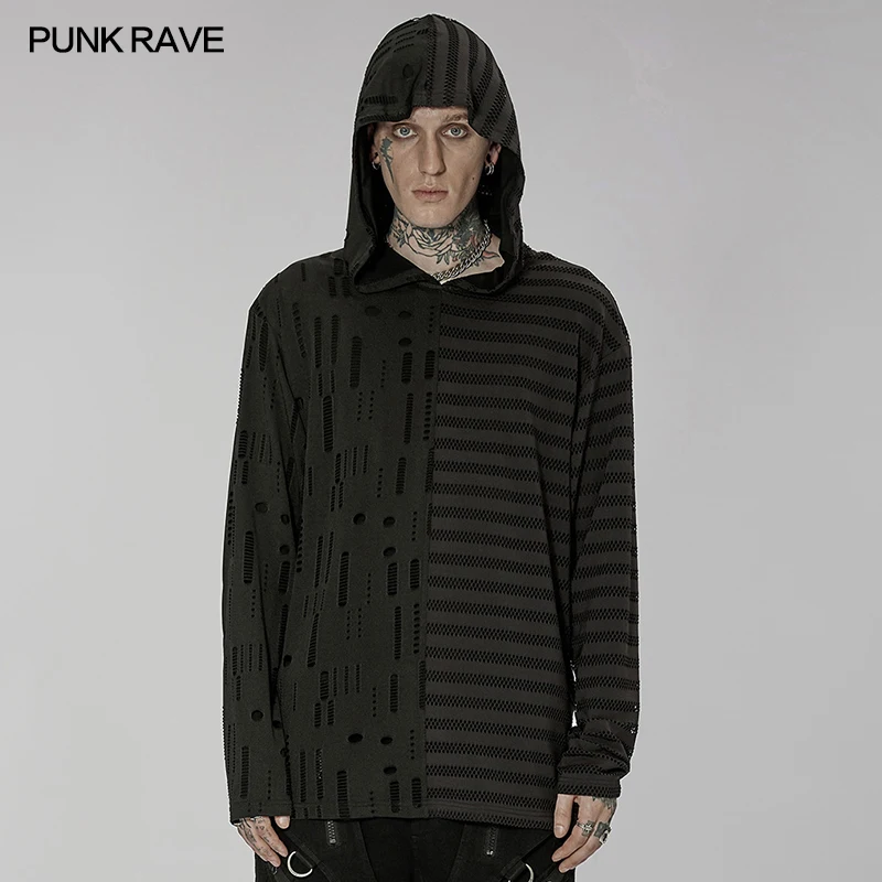 

PUNK RAVE Men's Gothic Daily Spliced Asymmetric Simple Loose T-shirt Punk Personality Street Black Tops Hoodie Spring & Autumn