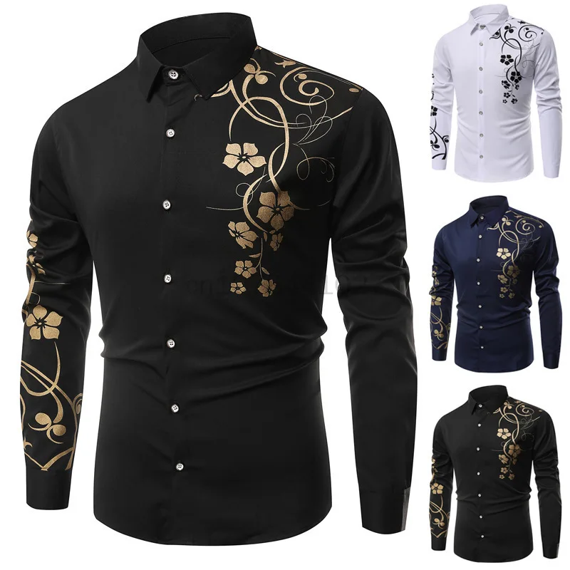 

2023 New Men's Printed Long-sleeved Shirt Casual Lapel Slim Fit Tops Business Office Work Clothes Interview Formal Blouse