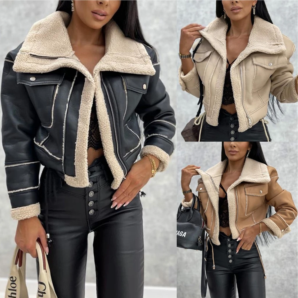 

Women's Jacket Autumn and Winter Warm Jacket 2023 New Lamb Wool Short Jacket Zipper Motorcycle Style Jacket Tops for Women