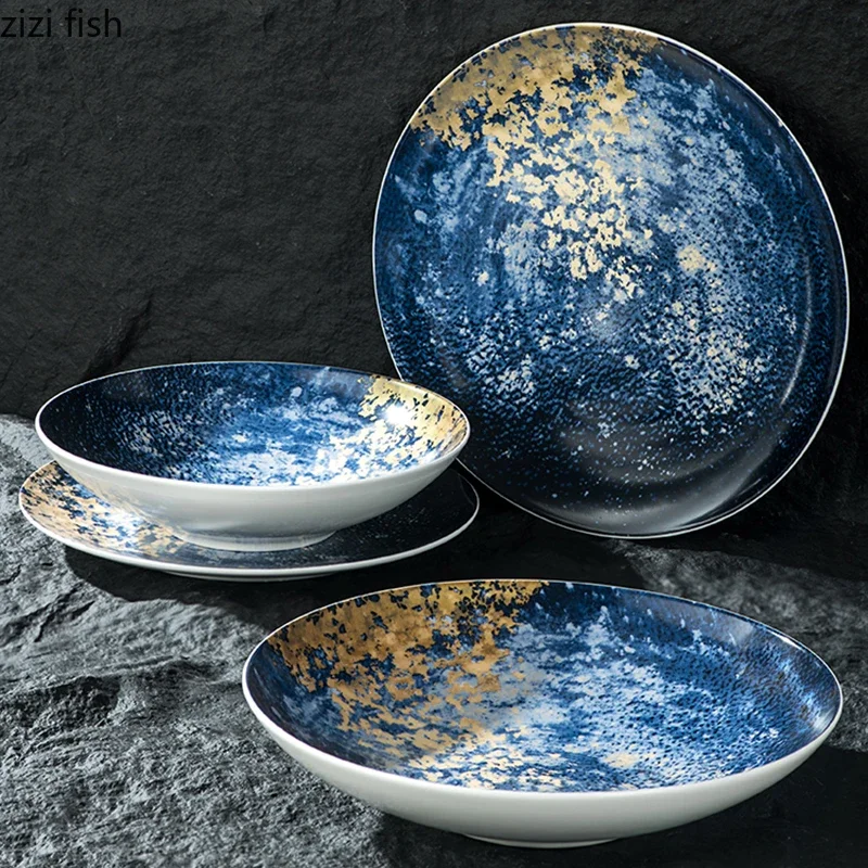 Starry Sky Blue Ceramic Plate Salad Plate Dessert Steak Plates Sushi Plates Seasoning Dish Restaurant Creative Tableware