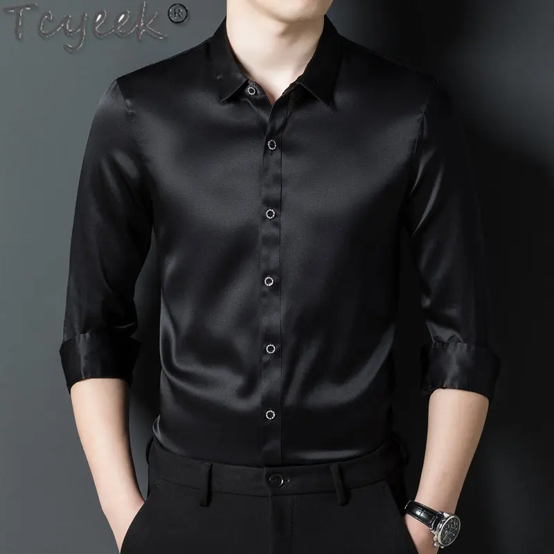 

Tcyeek 92.5% Mulberry Real Silk Shirt 2023 Fashion Men's Long Sleeved Shirt Male Blouses Business Casual Black Shirt Chemise Cjk