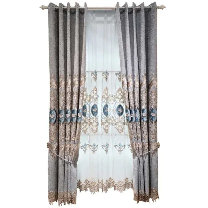 Cortinas Jacquard bordadas de lujo para sala de estar, comedor, dormitorio, tul personalizado, Europeo, Gris, Morado