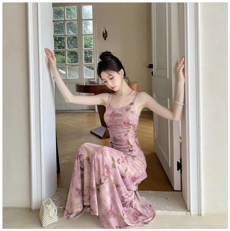 Sexy Printed Long Dresses for Women Mesh Spaghetti Strap Slim A-line Party Dress Summer Korean Fashion One Piece Vestido Mujer