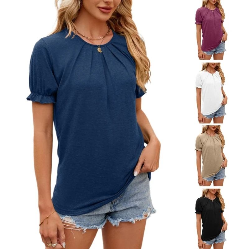 

Summer Pleated T-Shirt Women Casual Loose Top Short Sleeve Shirt Blouses Tshirt