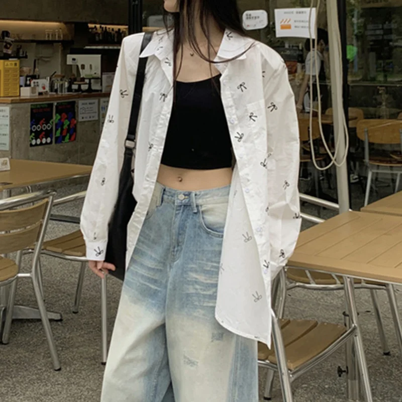 Camisa Y2K para mujer, blusa con estampado de lazo, cuello de solapa, botonadura sencilla, manga larga con bolsillo, ropa de calle de los años 2000