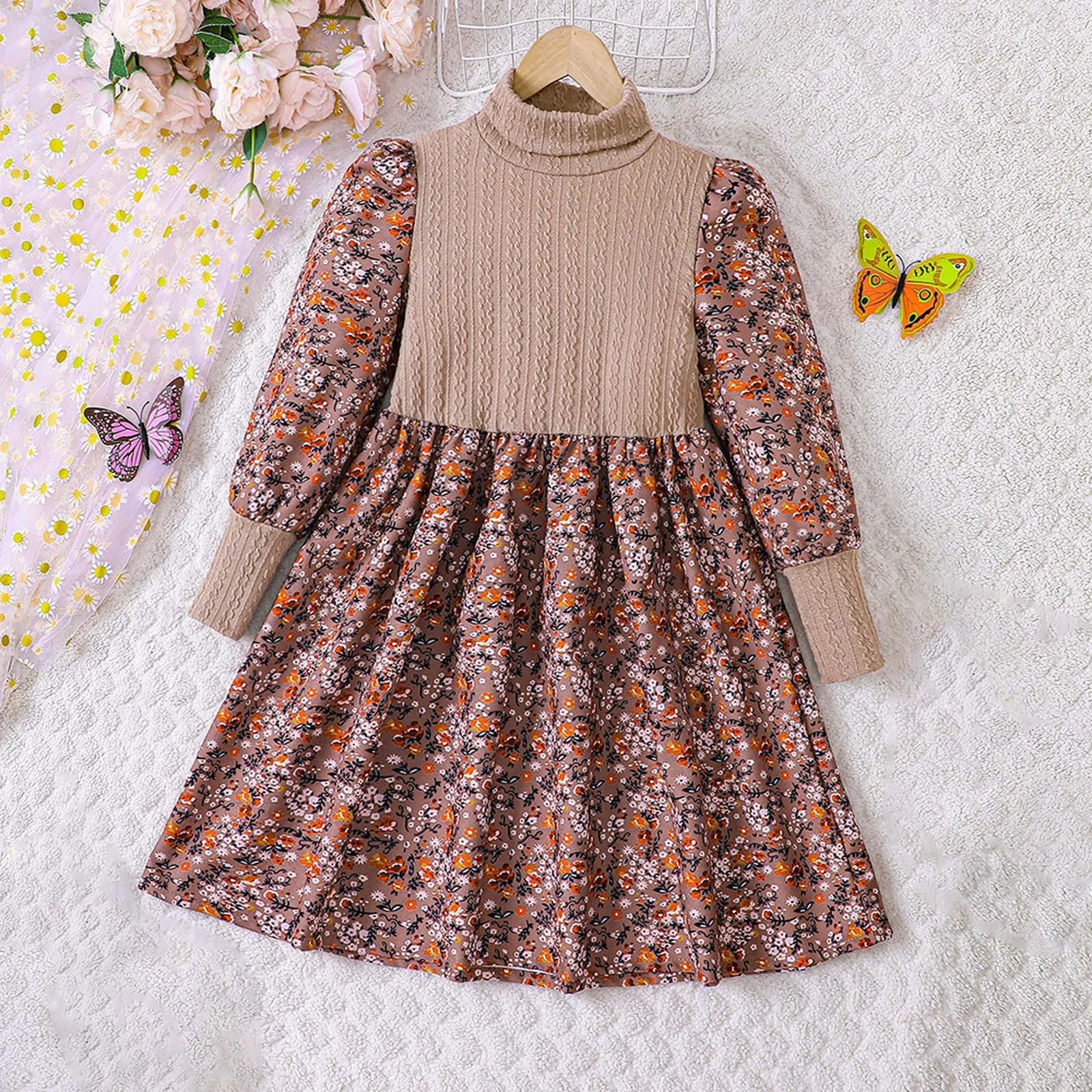 

Children Girls Child Knit Long Sleeve Flowers Prints Corduroy Dresses Dress Clothes Xmas Vestido