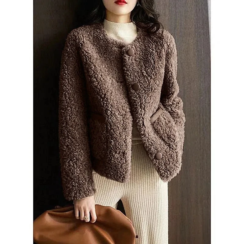 Women Autumn Winter New Outerwear Warm Particle Plush Short Jacket Fur Integrated Lamb Wool Trend Coats