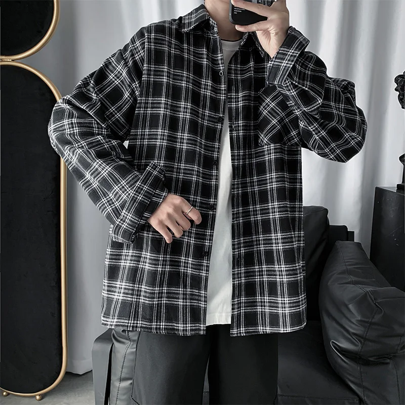 Men Shirts Oversized Cotton Plaid Shirt Button Up Hip Hop Long Sleeve Tops Korean Harajuku Mens Clothing Casual Vintage Ulzzang