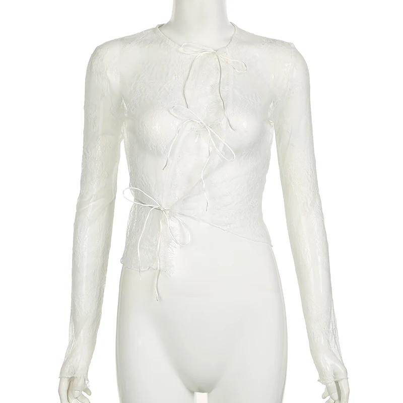 Abrigo fino de encaje transparente y sexy, de manga larga, a la moda, con cordones y cuello redondo, bonito cárdigan de calle para mujer