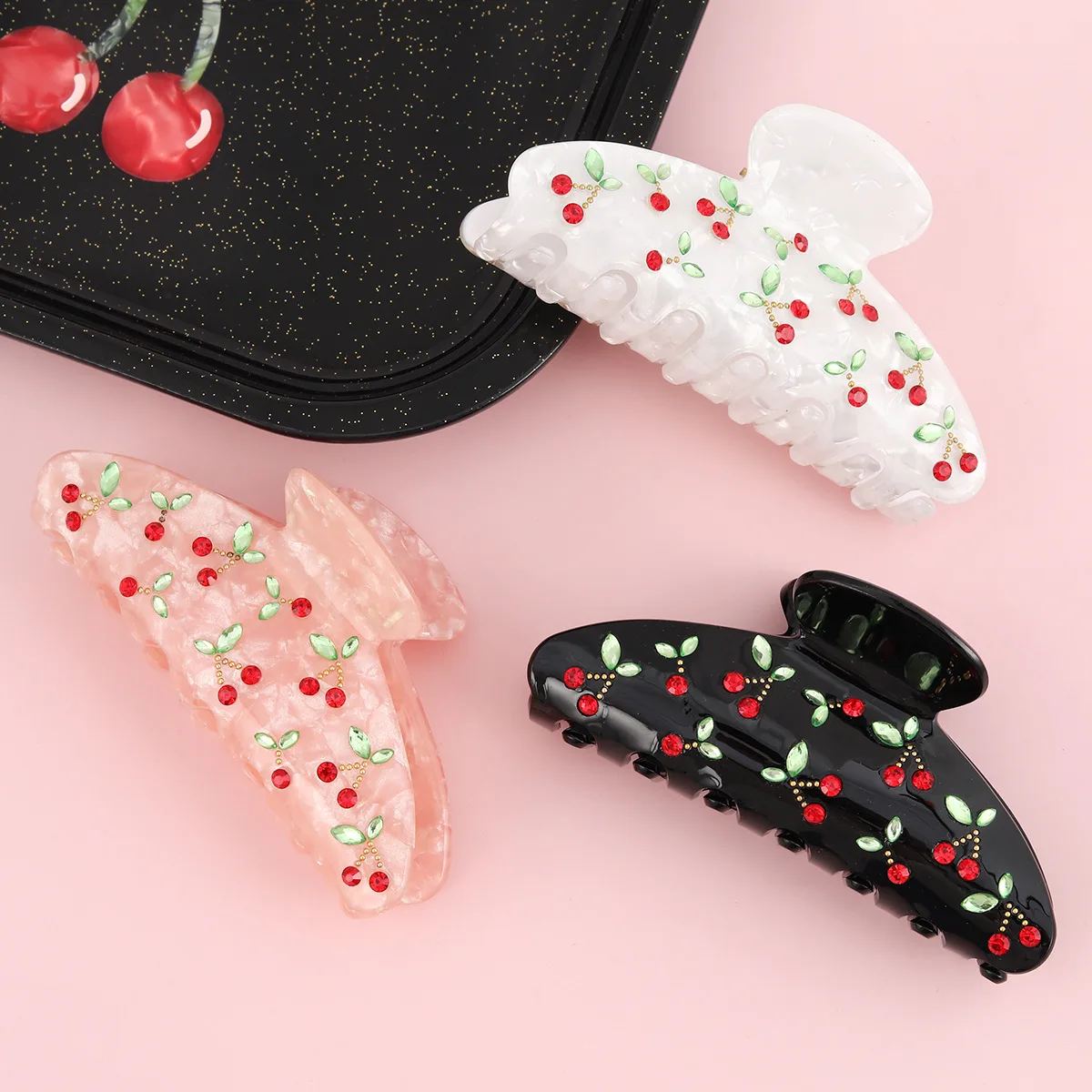 1 Stück japanische und koreanische Kirschacetat-Haarnadel, Strass, süßes Temperament, Retro-Licht, Luxus-Haarhai-Clip, Haarschmuck
