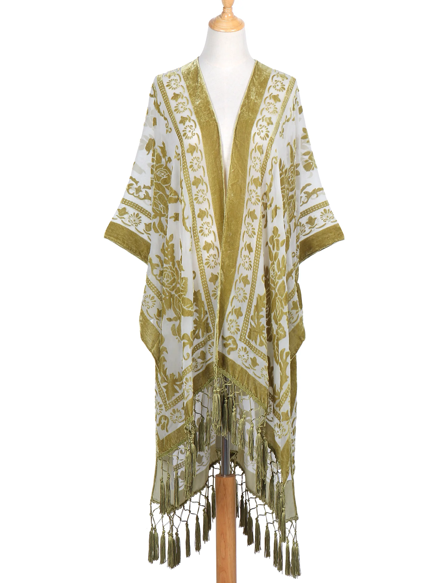 Wehello-velvet kimono for women, bohemian long cardigan with tassel, beach cover-up, chiffon shawl 5