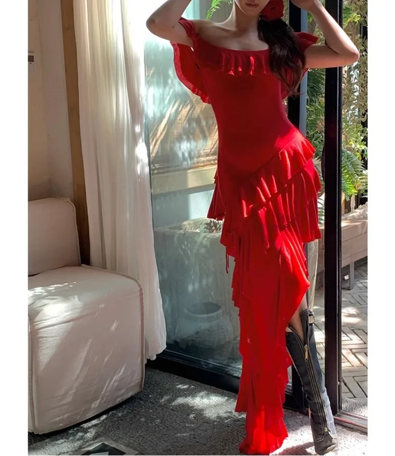 

Off The Shoulder Red Dress Women Bodycon Summer Vacation Ruffles Elegant Women's Clothing Evening Party Split Dresses Lady